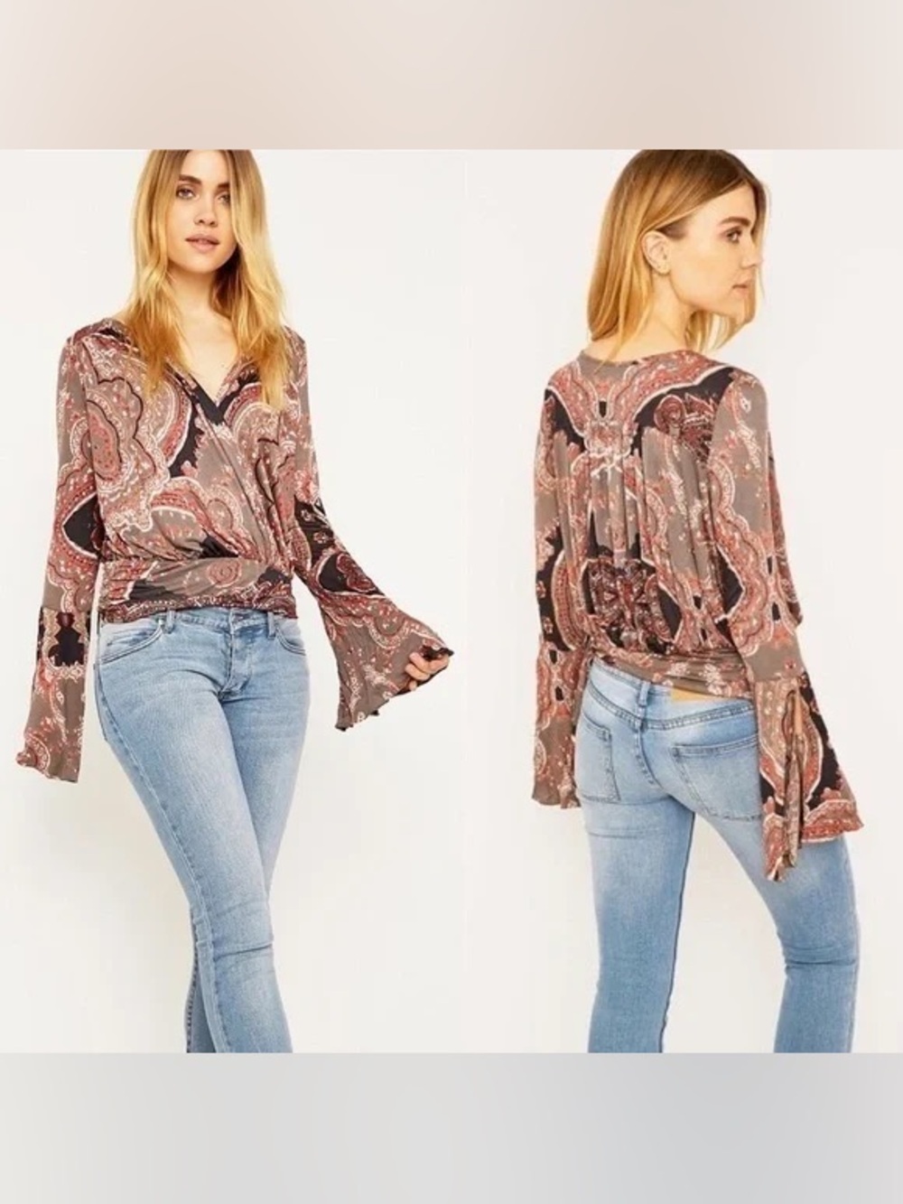 Free People Paisley Wrap V-Neck Bell Sleeve Top - Brown & Black
